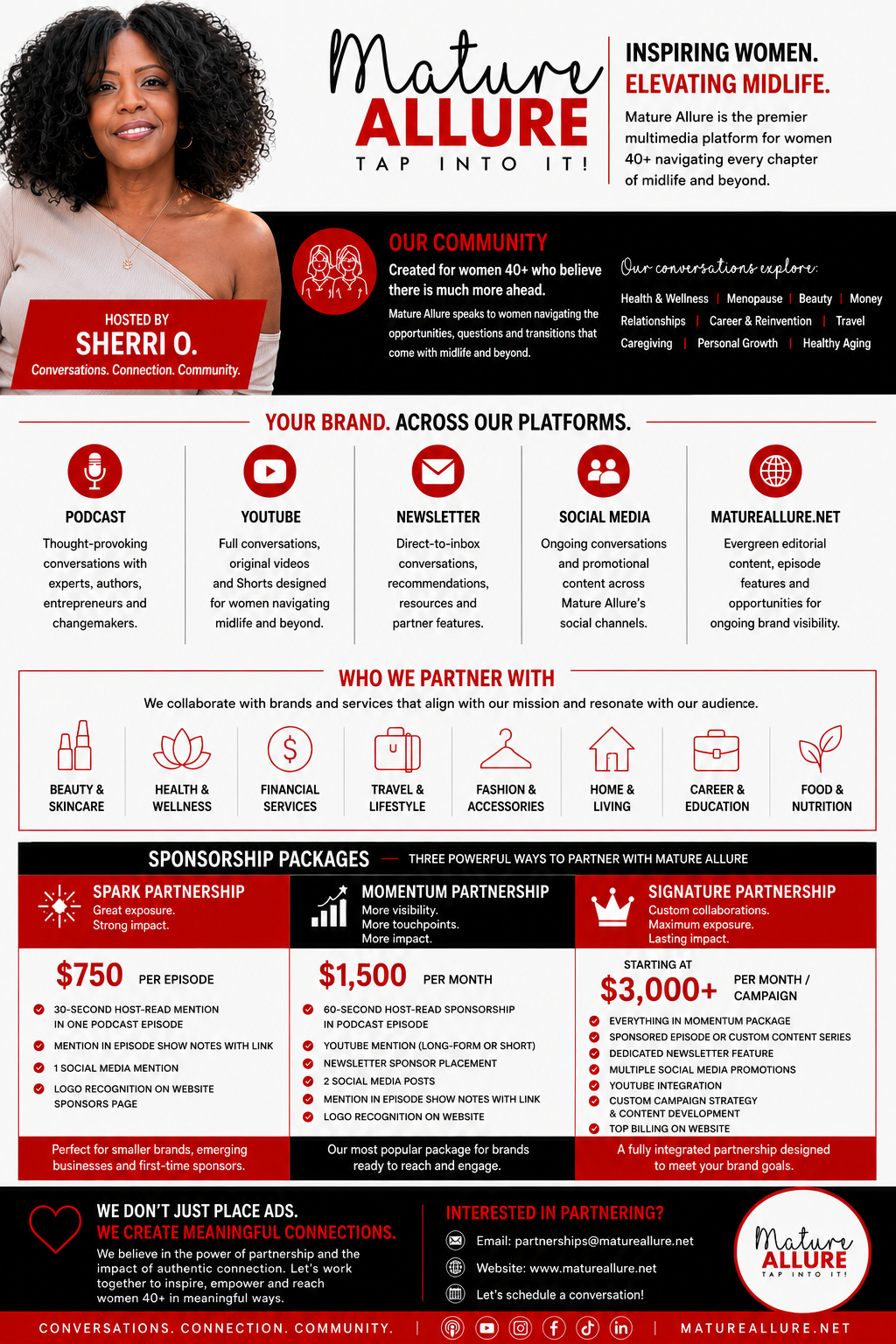 Mature Allure sponsorship media kit showing the podcast, YouTube, newsletter, social media, and website placements, plus three partnership options.